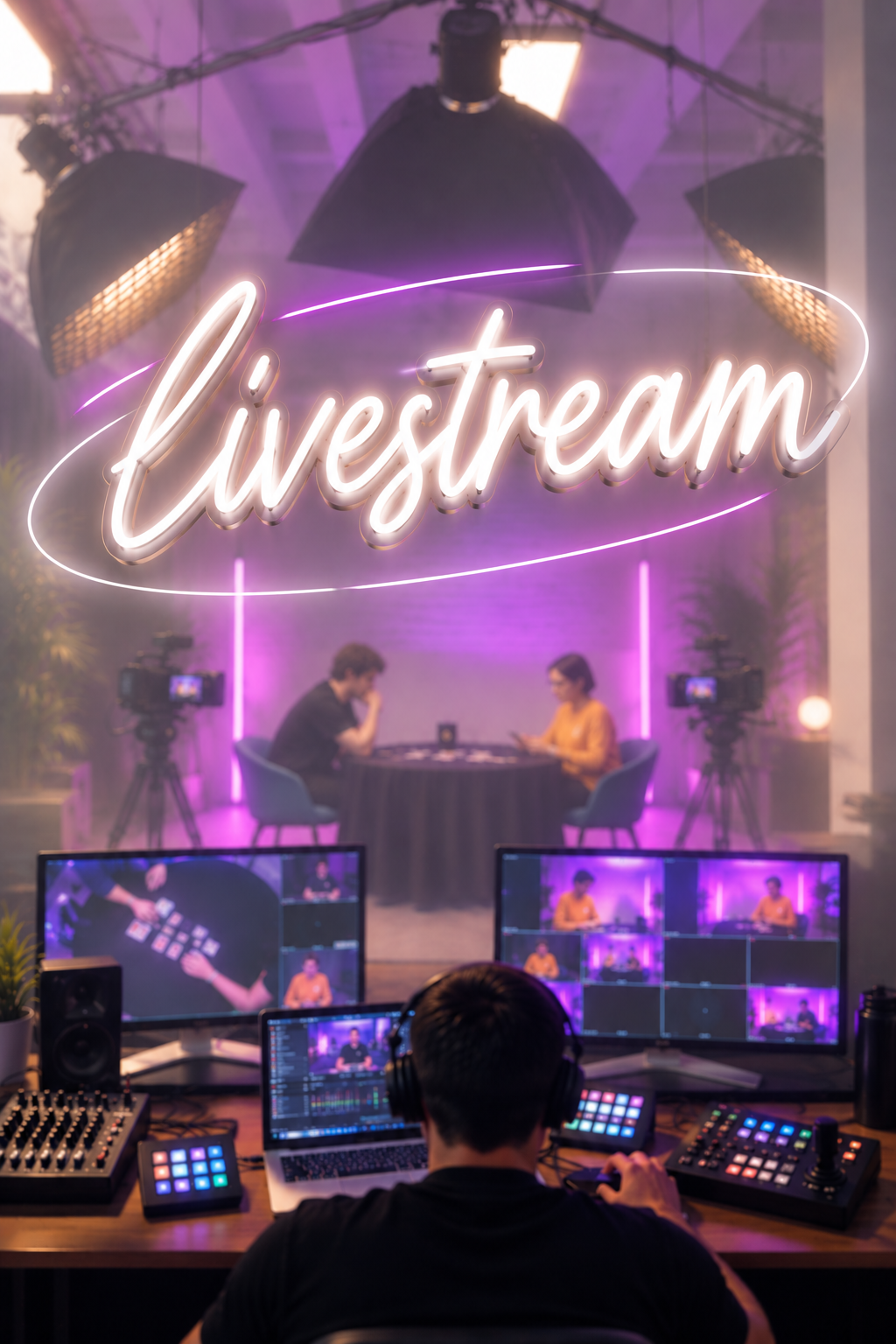livestream — néon livestream au-dessus d'un plateau de tournage avec régie multi-caméras