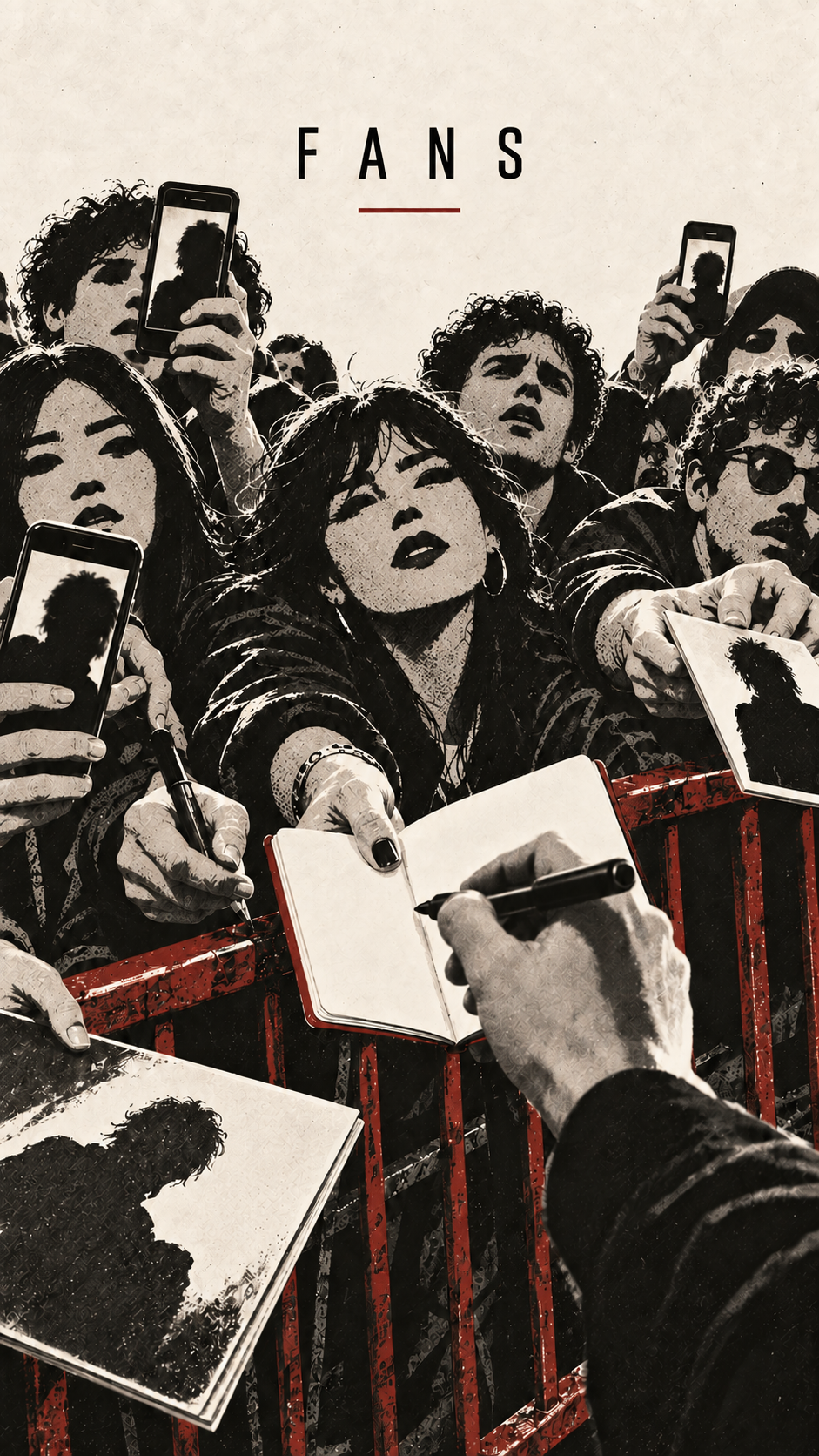Fans — foule de fans tendant carnets et téléphones pour un autographe